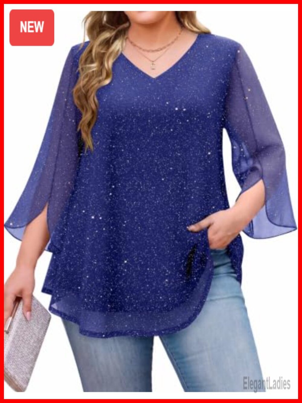 Plus Size Double Layers Mesh Ruffle 3/4 Sleeve V-Neck Tunic